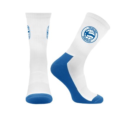 Sinivalkoiset sukat, joiden varressa FinFanTeamin logo.